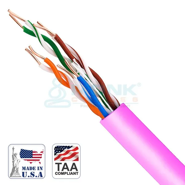UL-Listed (Verified) Pink Plenum Cat6 1000ft Solid Bare Copper CMP Rated UTP 23AWG / 550MHz / 8C Cable (MADE IN USA)